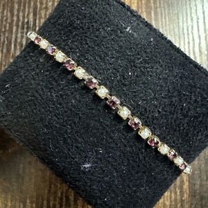 Vintage Gold Tone Faux Purple Amethyst Faux Pearl Tennis Bracelet Dainty Small